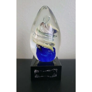 Vintage Paperweight Glass Egg On Black Glass Base, 7"with A Base